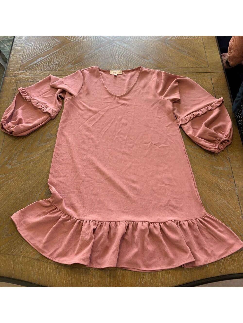 Hailey & Co Pink Ruffle Hem Dress with Puff Sleeves Size Small